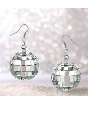 Earrings Disco Ball Dangle Mirror Party Retro Sparkle Dance Rave Y2K Silver Glam